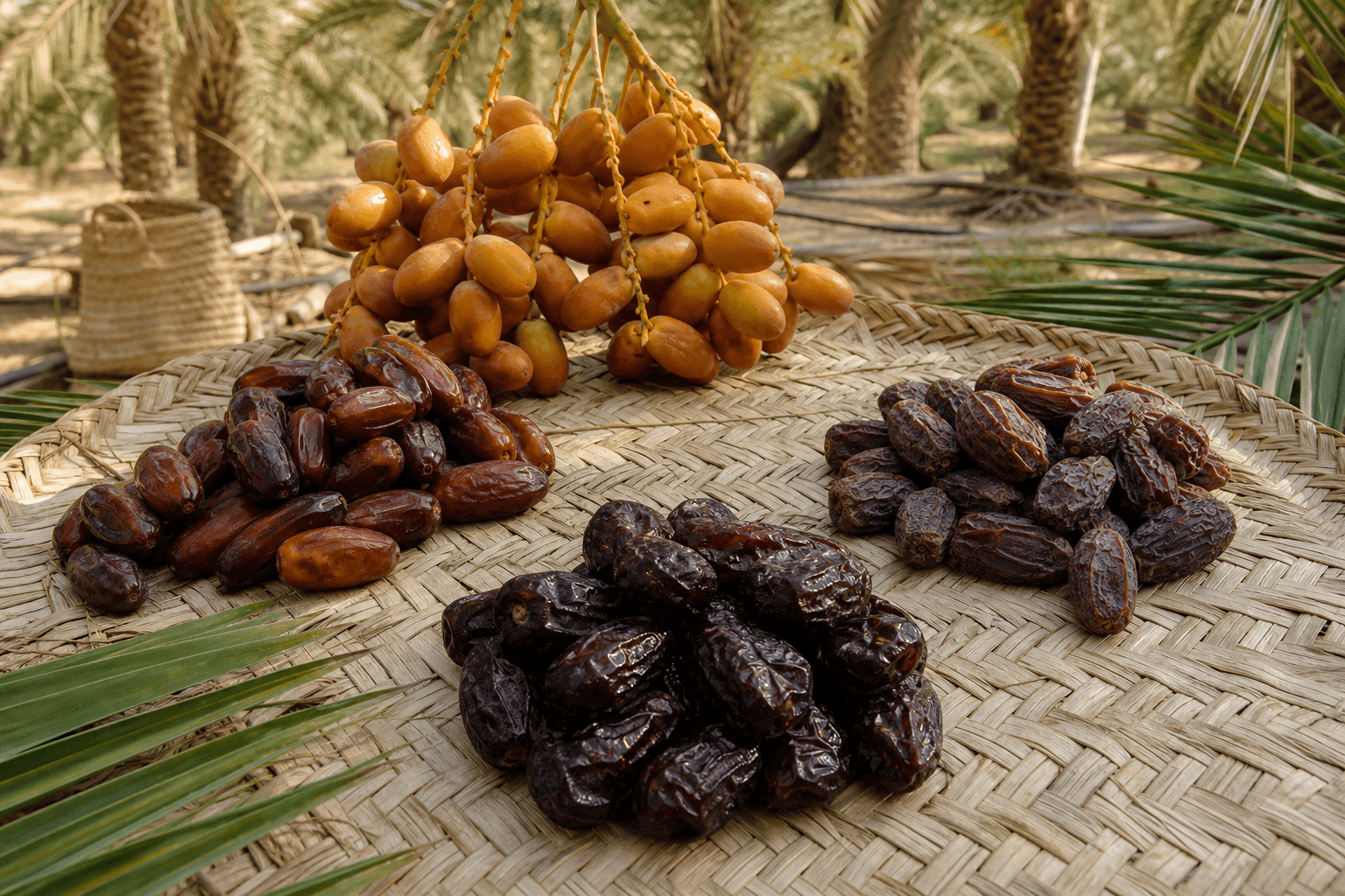 Visual guide to fresh amber, ripe brown, soft dark and dried Pakistani dates