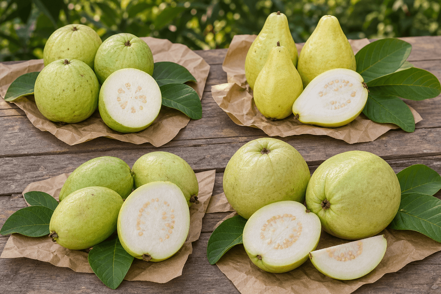 Visual guide to round, pear-shaped, oval and large white-fleshed guava types