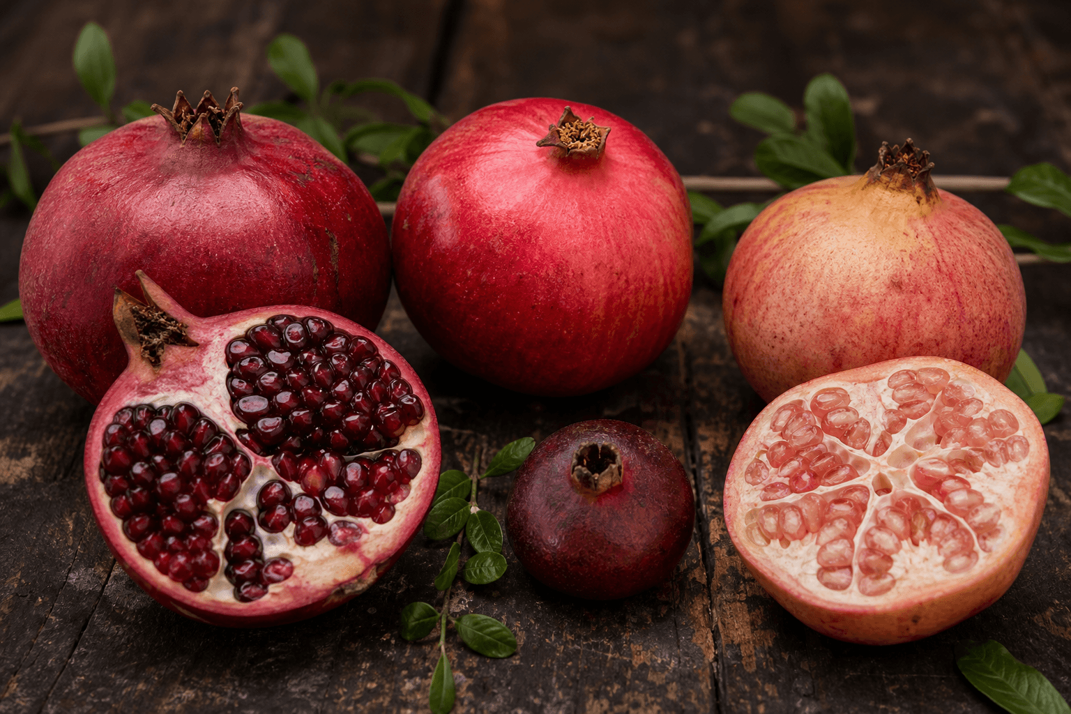 Visual guide to deep red, bright red, pale and small Pakistani pomegranate types