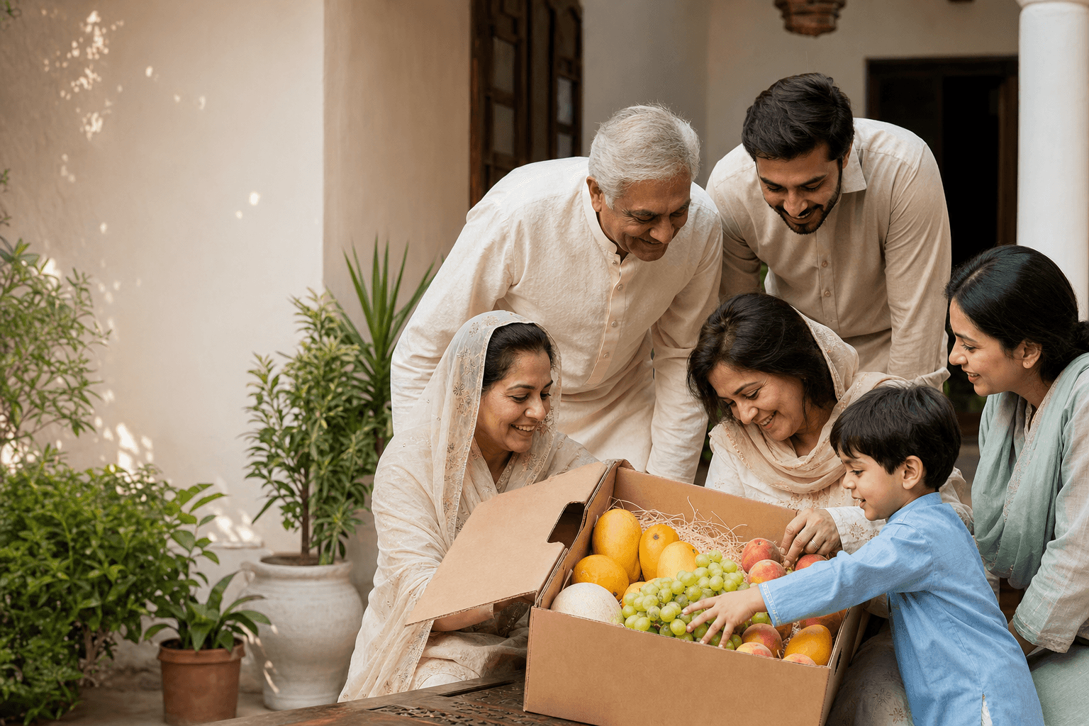 Pakistani family enjoying a delivered fruit crate