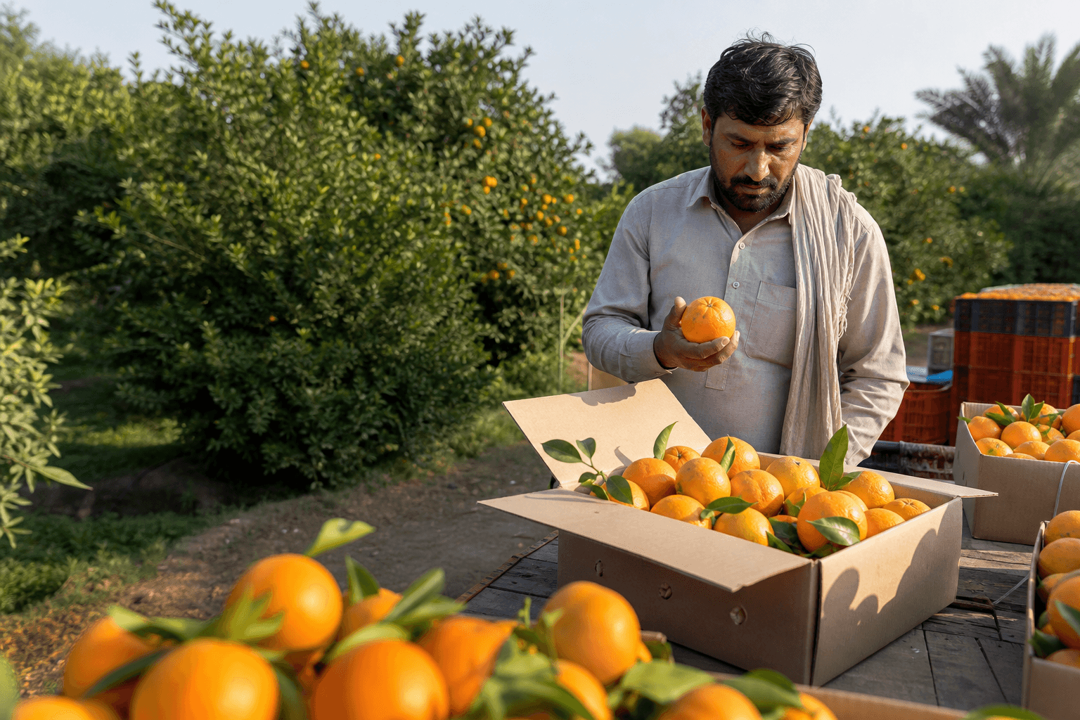 Fresh kinnow at a Sargodha orchard