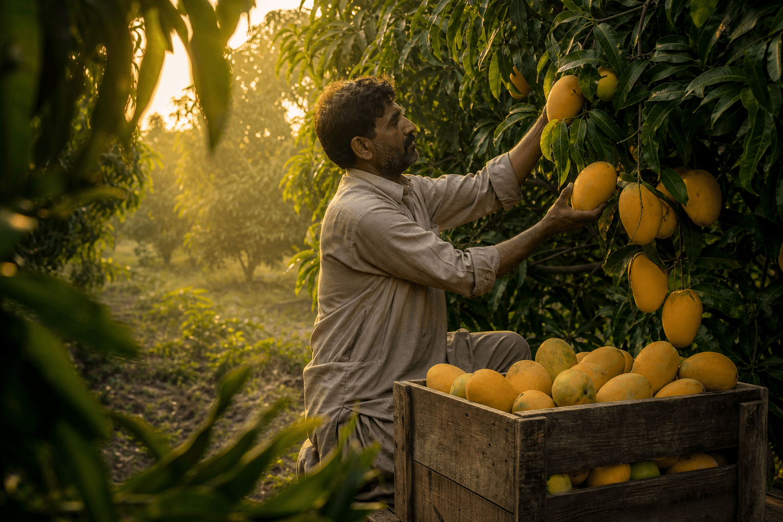 Grower harvesting ripe fruit in an orchard