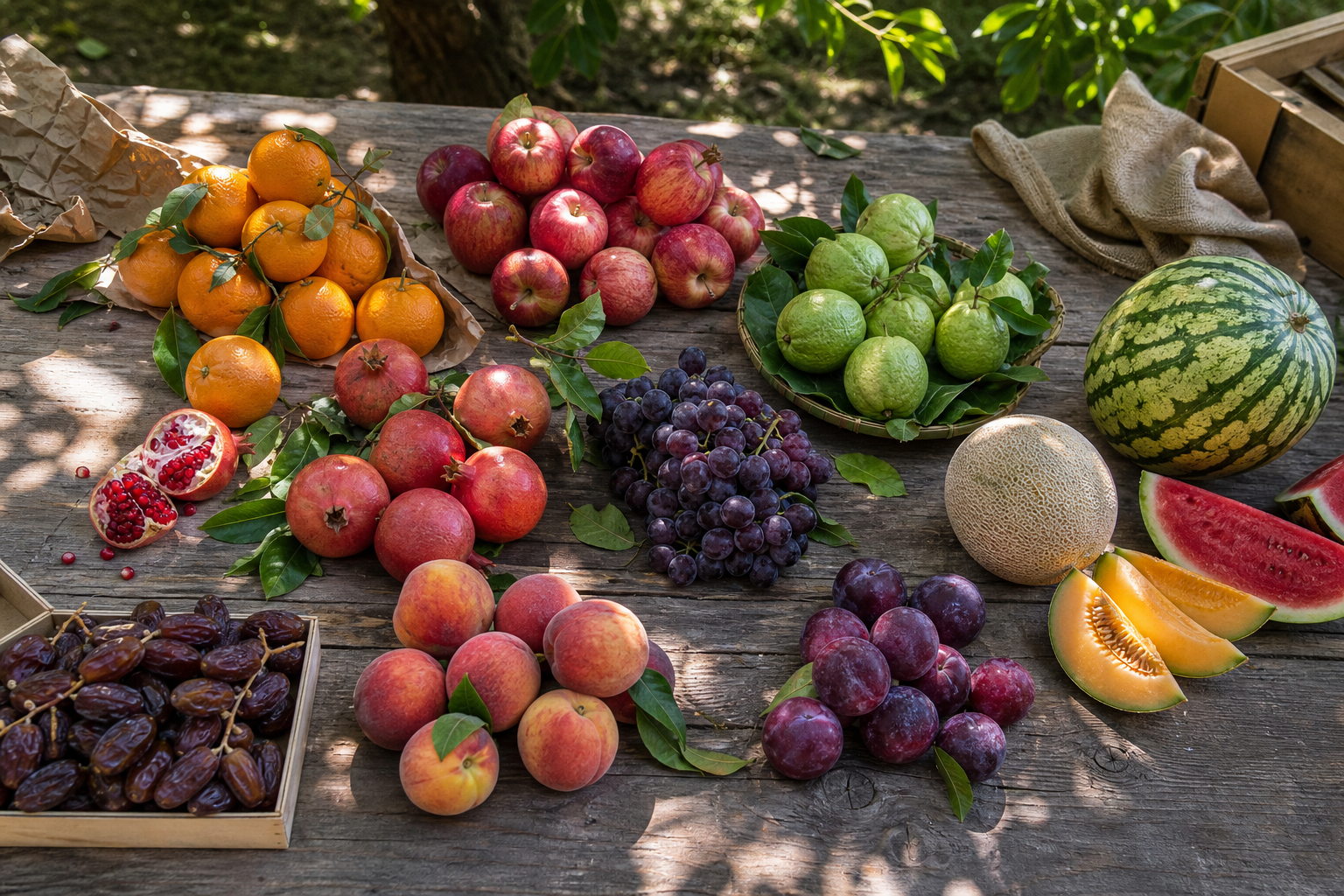 Pakistan's seasonal fruits arranged on an orchard table